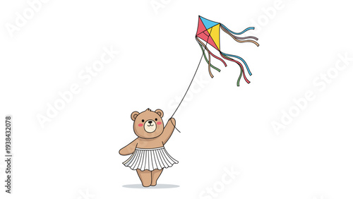 Whimsical illustration of a small brown bear wearing a white skirt and happily flying a colorful kite on a long string.