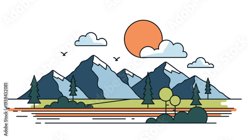Minimalist mountain landscape illustration featuring snow-capped peaks, evergreen trees, birds, and a large setting sun in the distance.