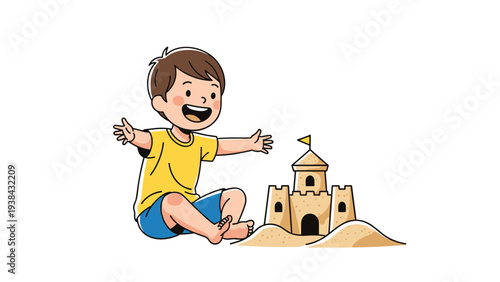 Happy young boy sitting on the ground and building an elaborate sandcastle on the beach, with arms wide open in excitement.