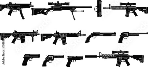 Black firearm silhouette vector illustration collection, rifles pistols shotguns revolvers side profile view, weapon design set for military, tactical, security, law enforcement, defense
