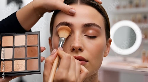 Professional makeup artist applying eyeshadow on the eyelid of a beautiful model