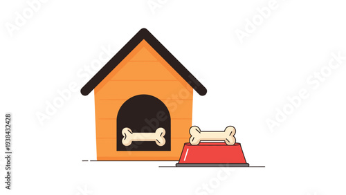 Cozy wooden doghouse with an arched entrance, a red food bowl, and two tasty bones for a pet dog.