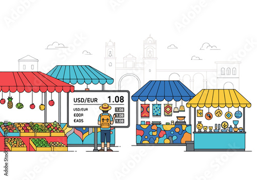 Person standing at outdoor market stall checking currency exchange rate board showing USD EUR and other currency values near stalls selling produce