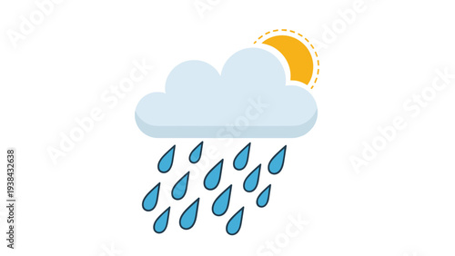Weather illustration showing a light blue cloud with falling raindrops and a bright yellow sun peeking from behind it.