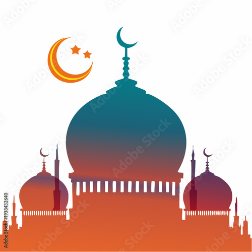 Silhouette of a mosque with domes and minarets against a white background with crescent moon and stars.