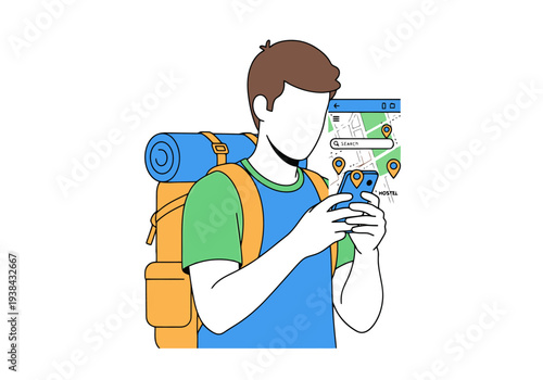 Traveler uses mobile device to navigate digital map displaying locations and search bar for planning adventure journey discovery destination search