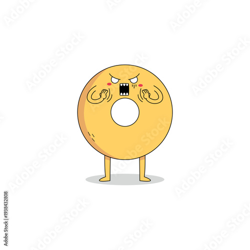 Cute donut cartoon character shocked expression doodle