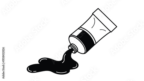 Artistic illustration of a metal tube of black paint tipped over with a thick puddle of glossy paint spilling out.