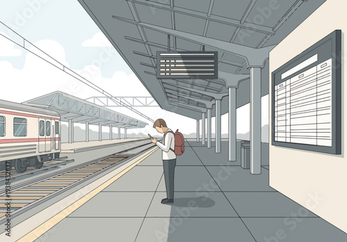 Young man with backpack checks smartphone on empty train station platform near arriving locomotive and departure boards waiting for journey