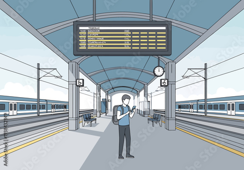 Modern Urban Transit Hub With Traveler Checking Schedule On Mobile Device Before Boarding Passenger Train