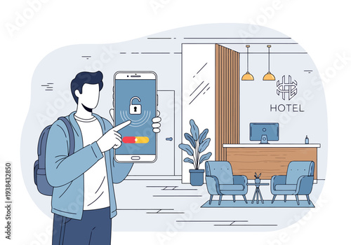 Man using mobile application for secure hotel room access with digital key system on smartphone screen in modern lobby