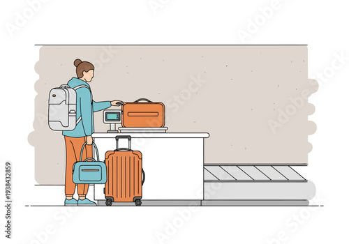 Traveler prepares luggage for airline check in at airport counter with weighing scale and conveyor belt in background illustration