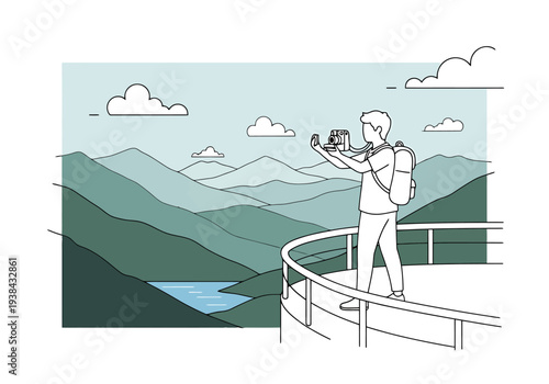 Person Capturing Scenic Mountain Landscape View With Camera From Observation Deck