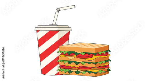 Classic fast food meal featuring a tall, multi-layered sandwich with lettuce and tomato next to a striped soda cup with a straw.