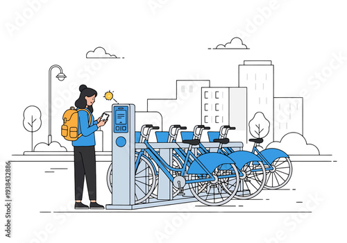 Woman accessing shared bicycles at a docking station in an urban environment with buildings and trees in the background line art style