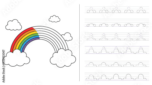 Educational worksheet featuring a colorful rainbow for coloring and a tracing exercise for children to practice writing curves.