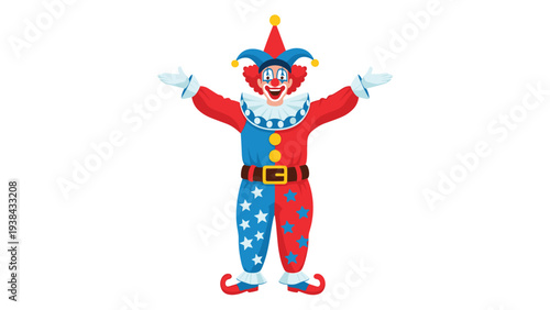 Jolly circus clown character in a red and blue star-patterned suit with a ruffled collar and pointed hat, arms open wide.