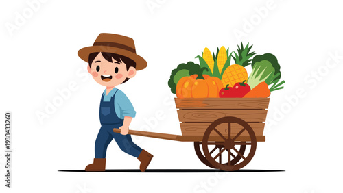 Happy young farmer in overalls and a hat pulling a wooden cart overflowing with fresh harvest including pumpkin and corn.