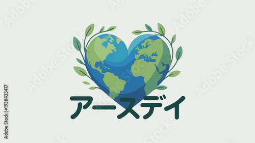 Earth in heart shape with leaves and japanese text on white background eco friendly symbol