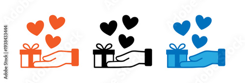 Colorful hands holding gifts with hearts floating above them