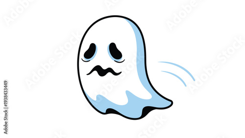 Sad cartoon ghost character with a worried expression floating in the air against a white background for halloween or spooky themes.