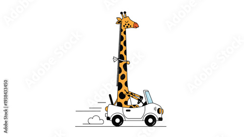 Whimsical illustration of a tall giraffe driving a small white convertible car at speed with motion lines on a clean white background.