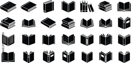 Book icon silhouette vector illustration with open, closed, stacked designs, educational artwork concept for reading, literature, library, knowledge, learning, digital interface