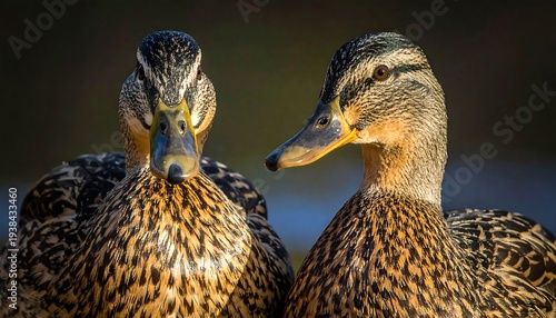 Two brown-speckled ducks are closely positioned together, heads turned toward the viewer in sharp, detailed focus