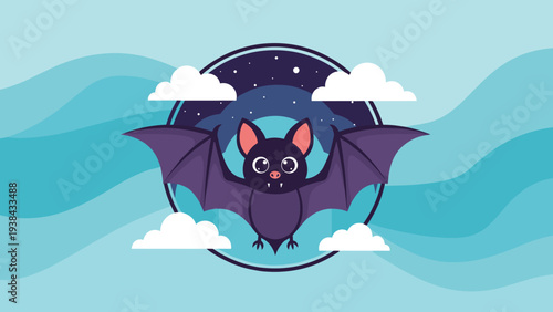 Adorable purple bat character flying through the night sky with a full moon and clouds in a circular frame for halloween designs.