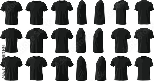Black t-shirt vector illustration with multiple orientations, front and back views, fashion apparel design mockup, clothing silhouette artwork for retail, catalog, branding