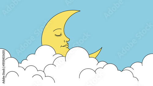 Peaceful crescent moon with a sleeping face resting among fluffy white clouds in a bright blue sky for bedtime or nursery themes.