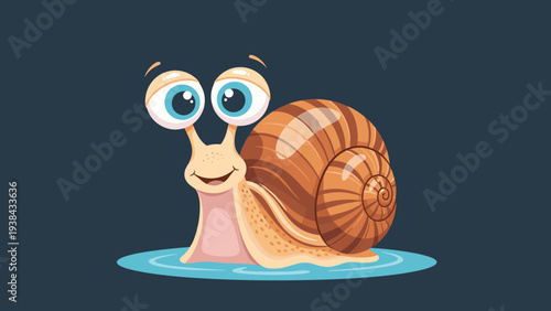 Adorable snail with large blue eyes and a brown shell smiling while moving across a small blue water puddle on a dark background.