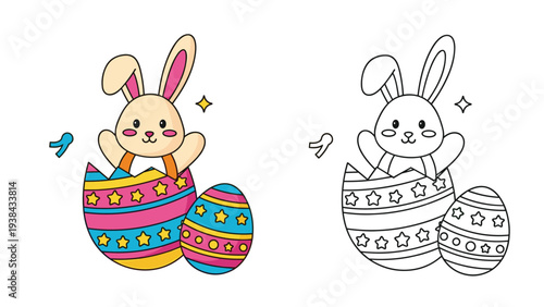 Cute easter bunny popping out of a decorated egg presented as a colored illustration and a black and white line art coloring page.