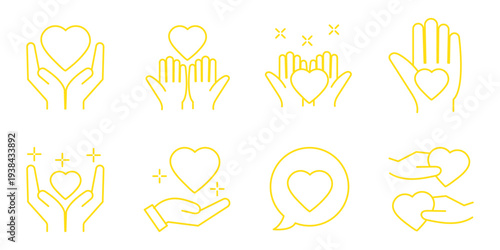 Love care and charity line icons set, helping hands hearts gift and partnership outline vector illustration collection