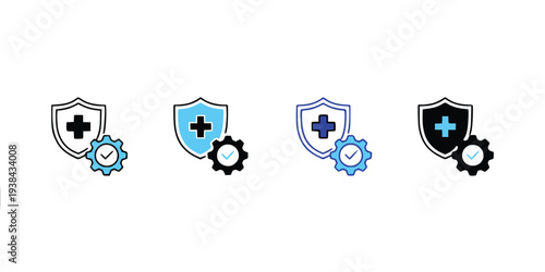 Medical shield protection icons set with cross and gear