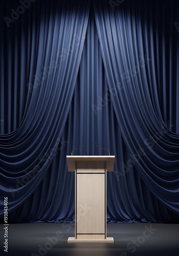 Elegant podium illuminated against a backdrop of luxurious blue drapes