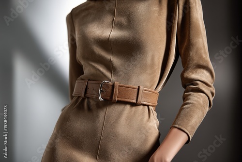 Structured belted suede dress highlighting feminine torso silhouette