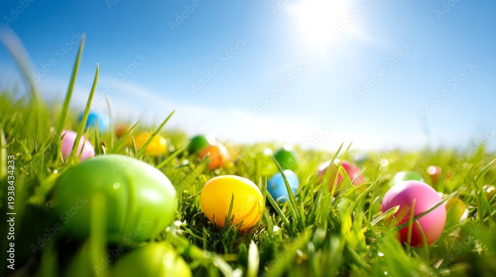 Fototapeta premium Colorful Easter Eggs Scattered in Dewy Green Meadow