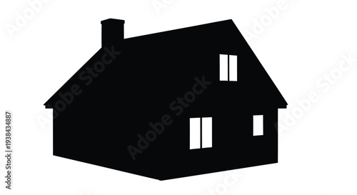 Simple black silhouette of a house with a chimney and cast shadow