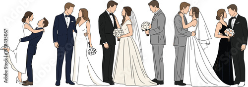 Wedding couple vector illustration set, elegant bride and groom in various romantic poses, minimalist hand drawn flat character design isolated on white background.