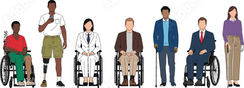 Vector illustration set of diverse people with disabilities including wheelchair users individuals with prosthetic legs and visually impaired people with canes in professional clothing