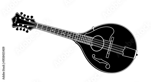 Black mandolin with white outline on plain white background musical instrument for music making and performance