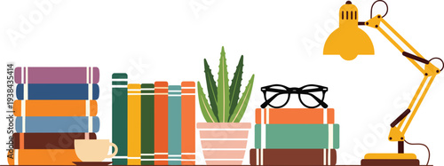 Bookshelf workspace with stacked books, desk lamp, glasses, coffee cup and plant vector illustration, cozy study corner concept for reading, education, home office decor