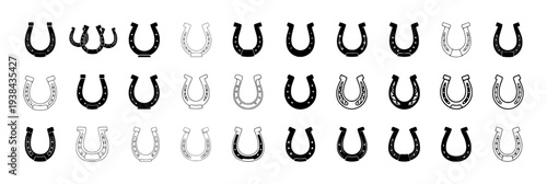 Large set of horseshoe silhouettes and outline templates, variety of lucky horseshoe shapes for equestrian and western design vector.