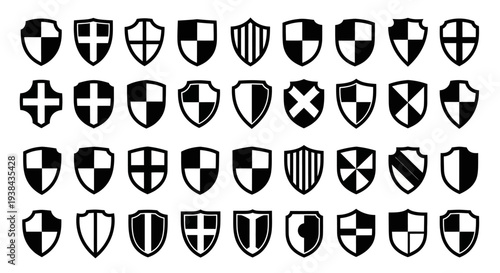Collection of heraldic shields with various designs on white background
