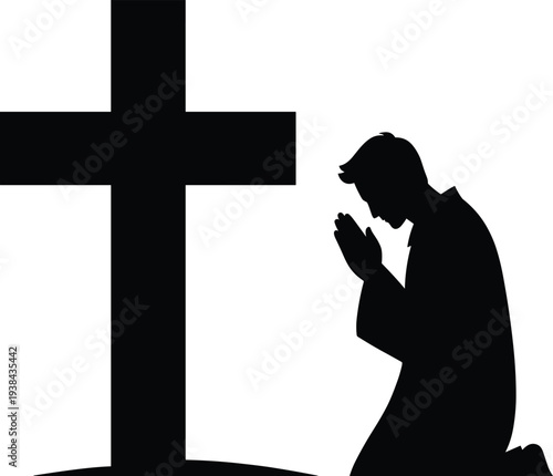 Christian man praying beside cross silhouette, religious faith and worship concept, kneeling believer prayer illustration, spiritual devotion symbol isolated black vector for church design