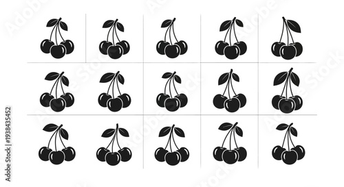 Black cherry icons in grid pattern on white background for design and decoration