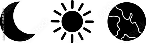 Simple icons of moon, sun, and earth in black