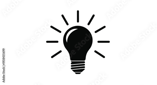 Black lightbulb icon with rays on white background symbolizing idea and inspiration