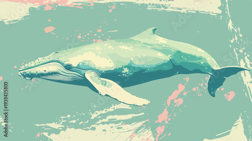 Illustration of a humpback whale swimming in water with abstract elements